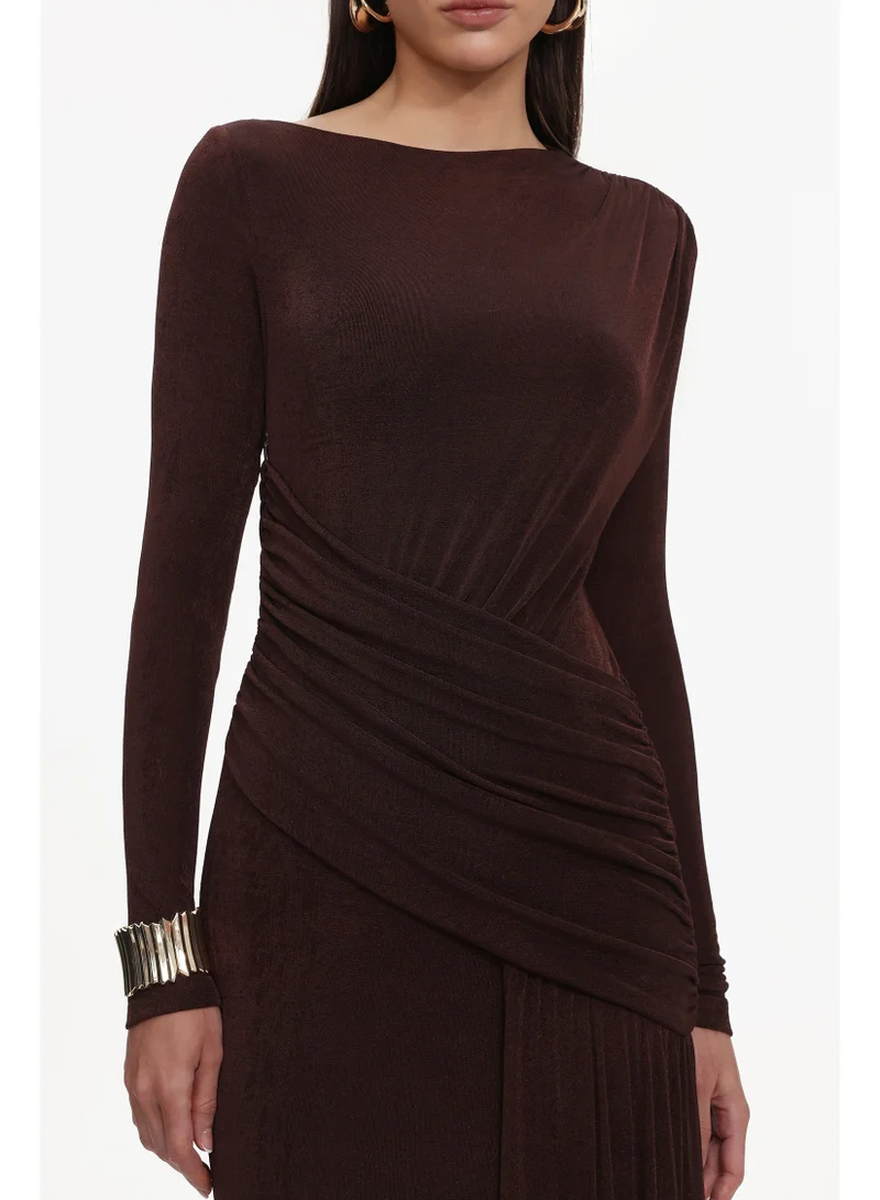 Bella Barnett  Skyler Elegant Contour Long Sleeve Ruched High Slit Knit Brown Maxi Dress for Women | Best Price UAE